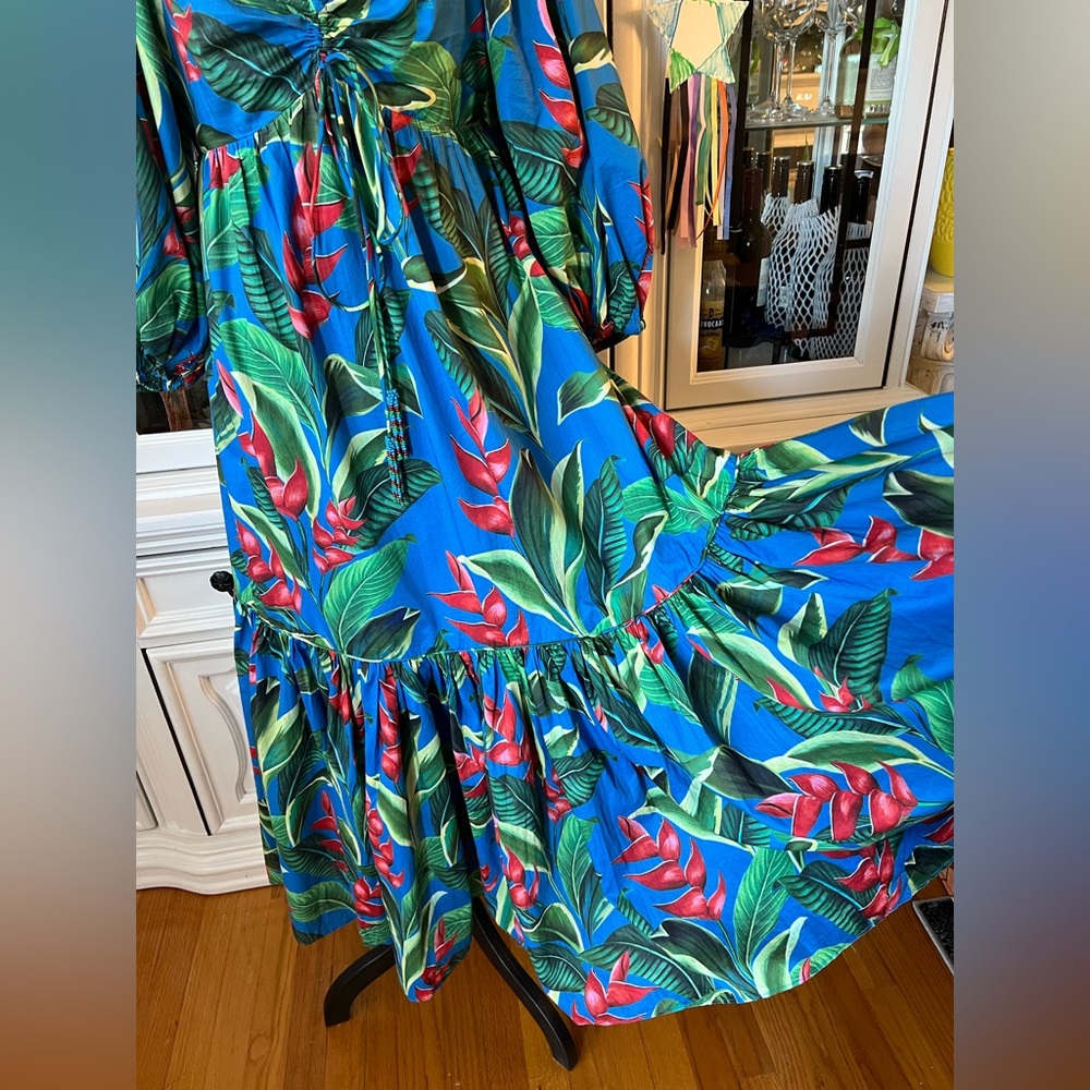 FARM Rio Blue and Green Tropical Print Balloon Sleeves Maxi Dress S - Picture 4 of 16